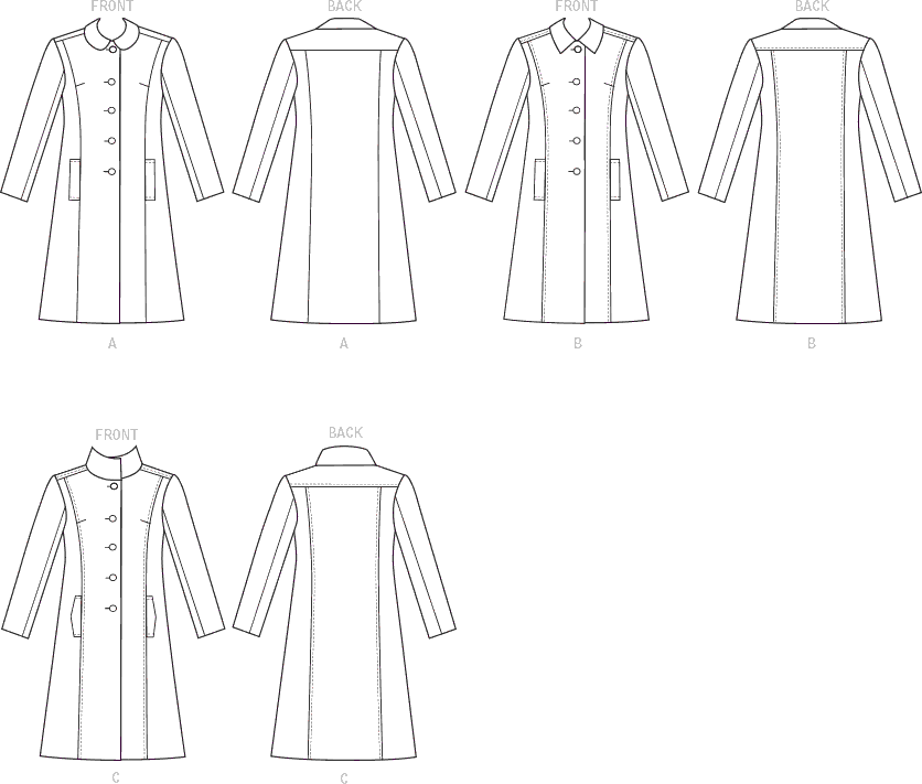 Butterick Pattern B6385 Misses Funnel Neck Peter Pan or Pointed Collar Coats 6385 Line Art From Patternsandplains.com
