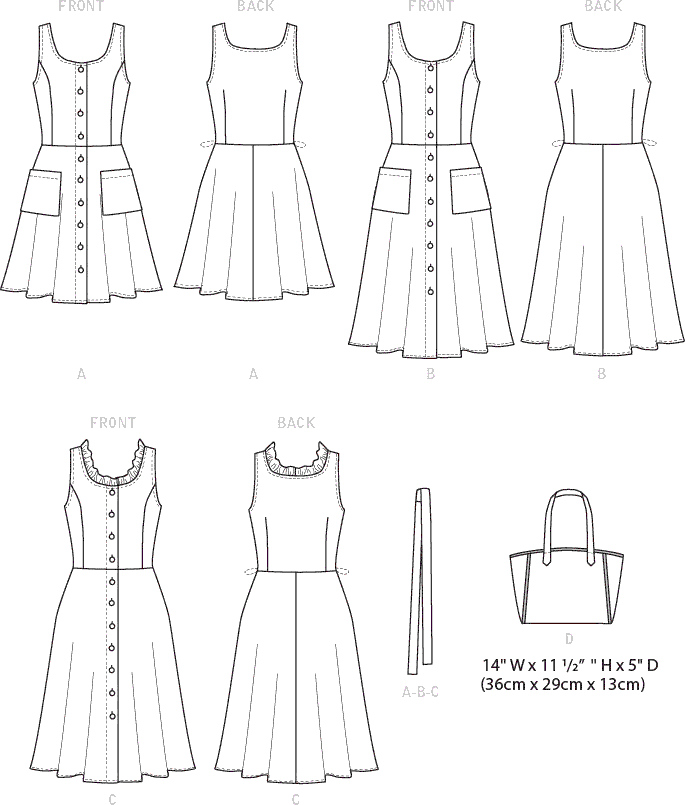 Butterick Pattern B6674 Misses Dress Sash and Bag 6674 Line Art From Patternsandplains.com