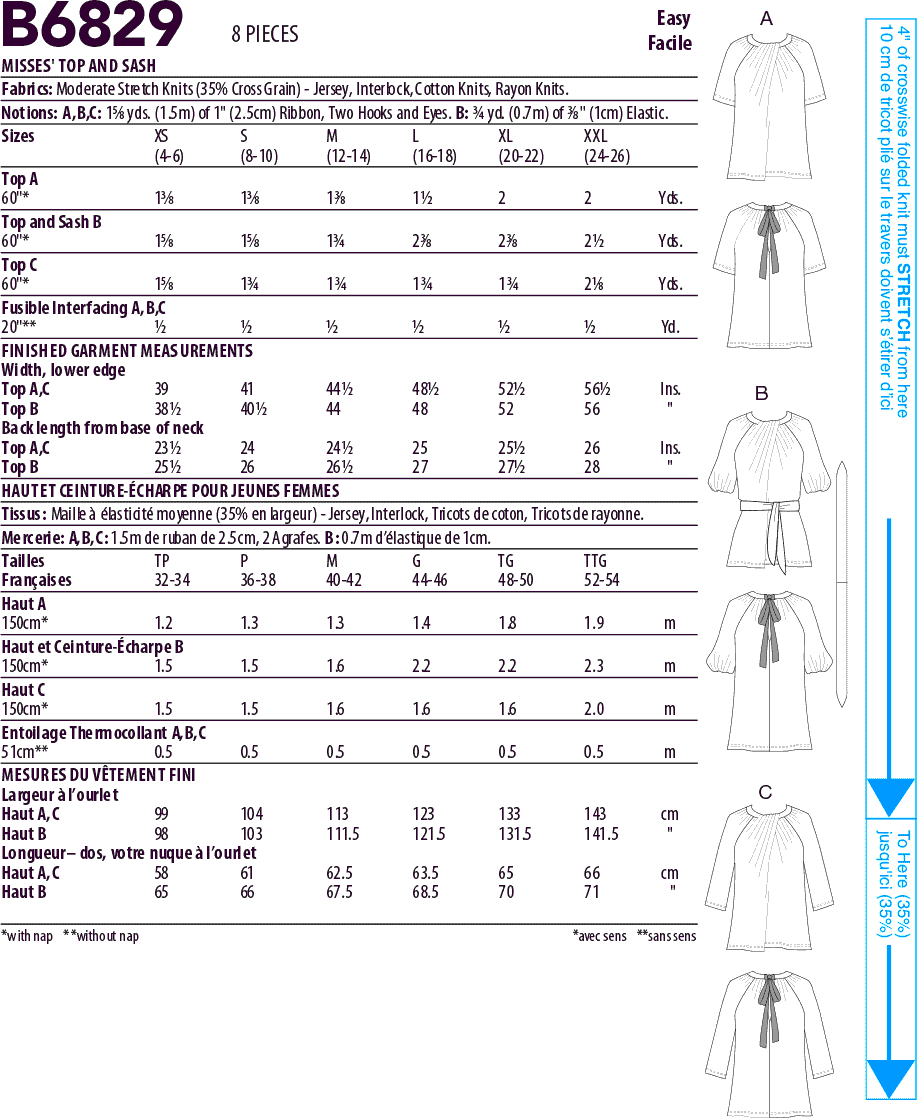 Butterick Pattern B6829 Misses Tops and Sash 6829 Fabric Quantity Requirements From Patternsandplains.com