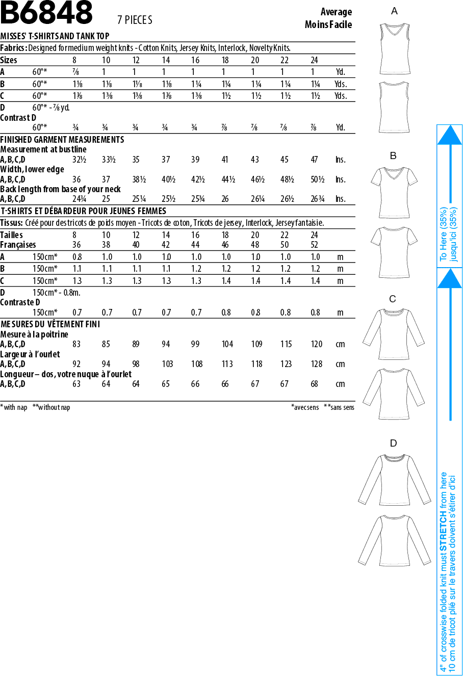 Butterick Pattern B6848 Misses T Shirts and Tank Top 6848 Fabric Quantity Requirements From Patternsandplains.com