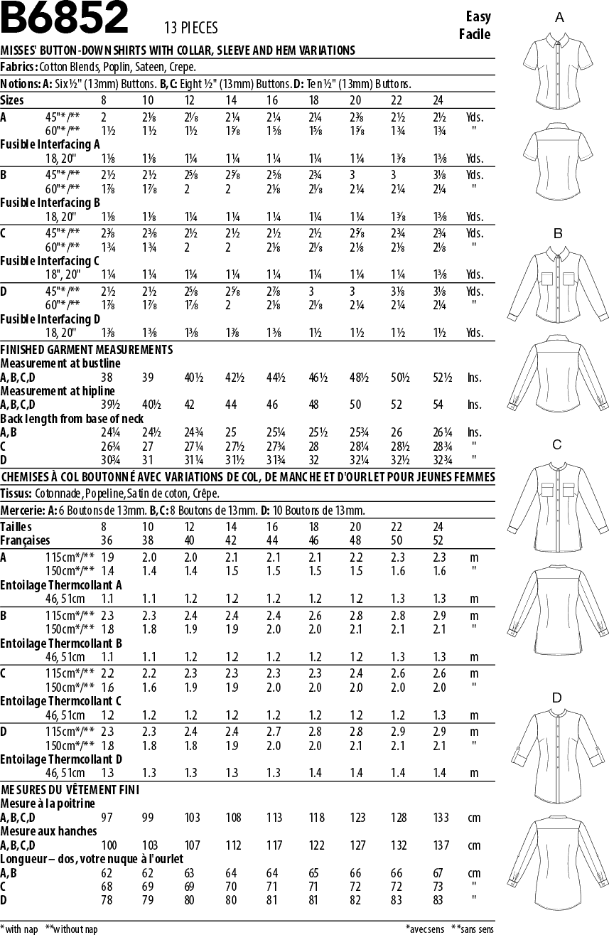 Butterick Pattern B6852 Misses Button Down Shorts With Collar Sleeve and Hem Variations 6852 Fabric Quantity Requirements From Patternsandplains.com