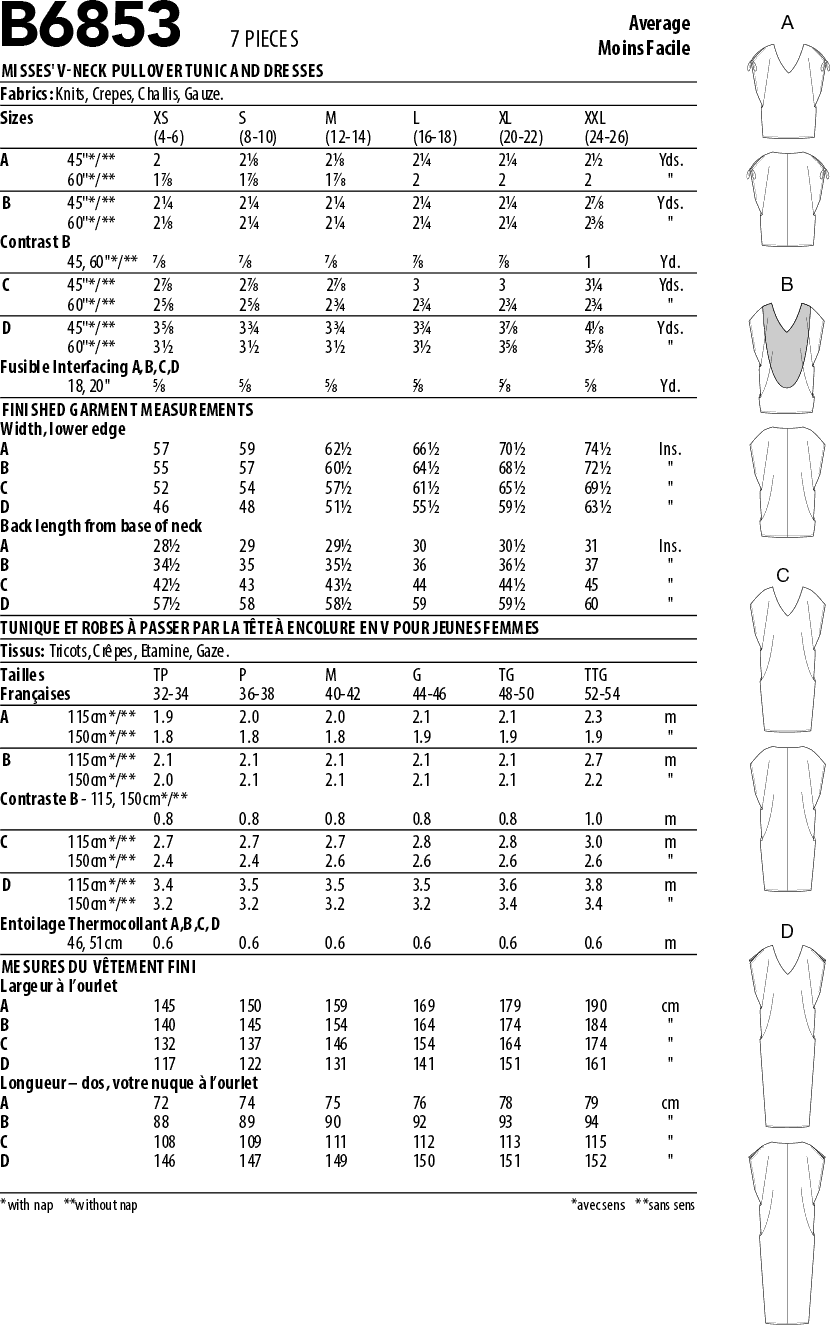 Butterick Pattern B6853 Misses V Neck Pullover Tunic and Dresses 6853 Fabric Quantity Requirements From Patternsandplains.com