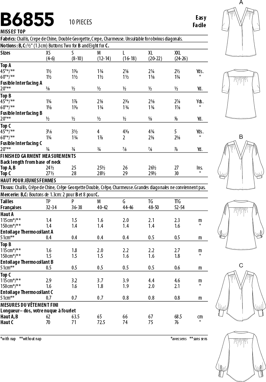 Butterick Pattern B6855 Misses Top 6855 Fabric Quantity Requirements From Patternsandplains.com