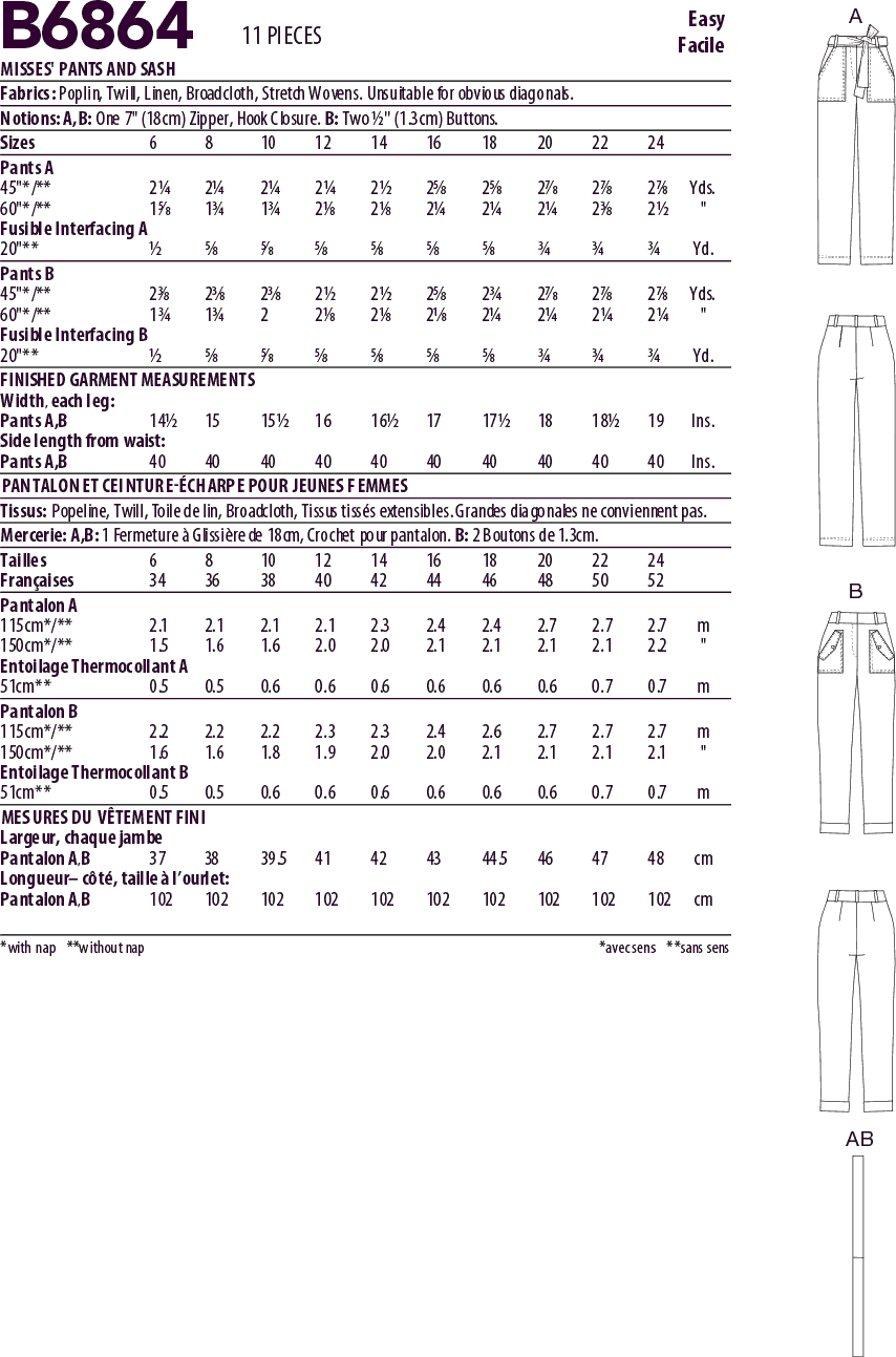 Butterick Pattern B6864 Misses Pants and Sash 6864 Fabric Quantity Requirements From Patternsandplains.com