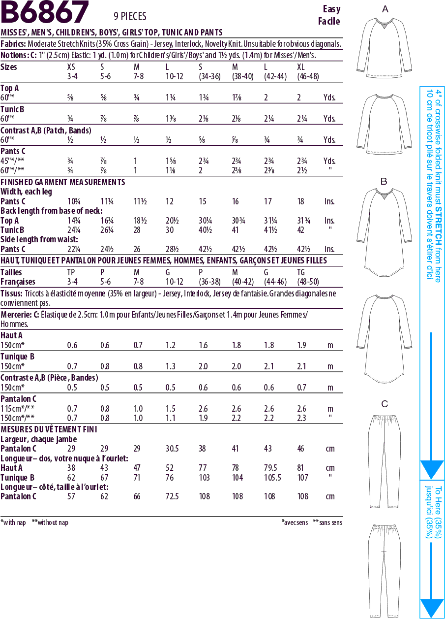 Butterick Pattern B6867 Misses Mens Childrens Boys Girls Top Tunic and Pants 6867 Fabric Quantity Requirements From Patternsandplains.com