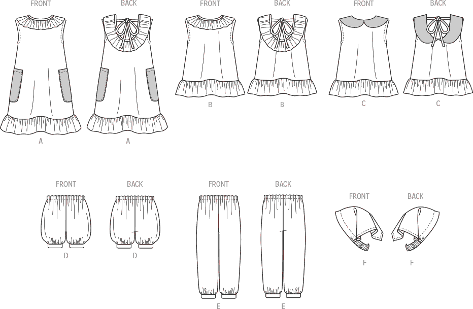 Butterick Pattern B6951 Toddlers Dress Tops Shorts Pants and Kerchief 6951 Line Art From Patternsandplains.com