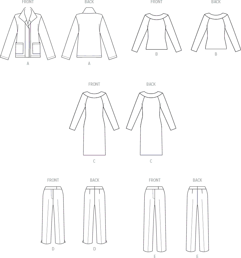 Butterick Pattern B6975 Misses Jacket Knit Top and Dress and Pants by Palmer Pletsch 6975 Line Art From Patternsandplains.com