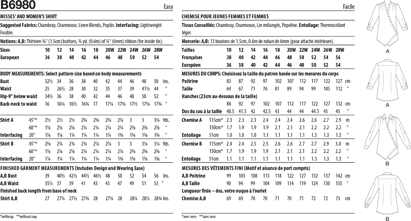 Butterick Pattern B6980 Misses and Womens Shirt 6980 Fabric Quantity Requirements From Patternsandplains.com