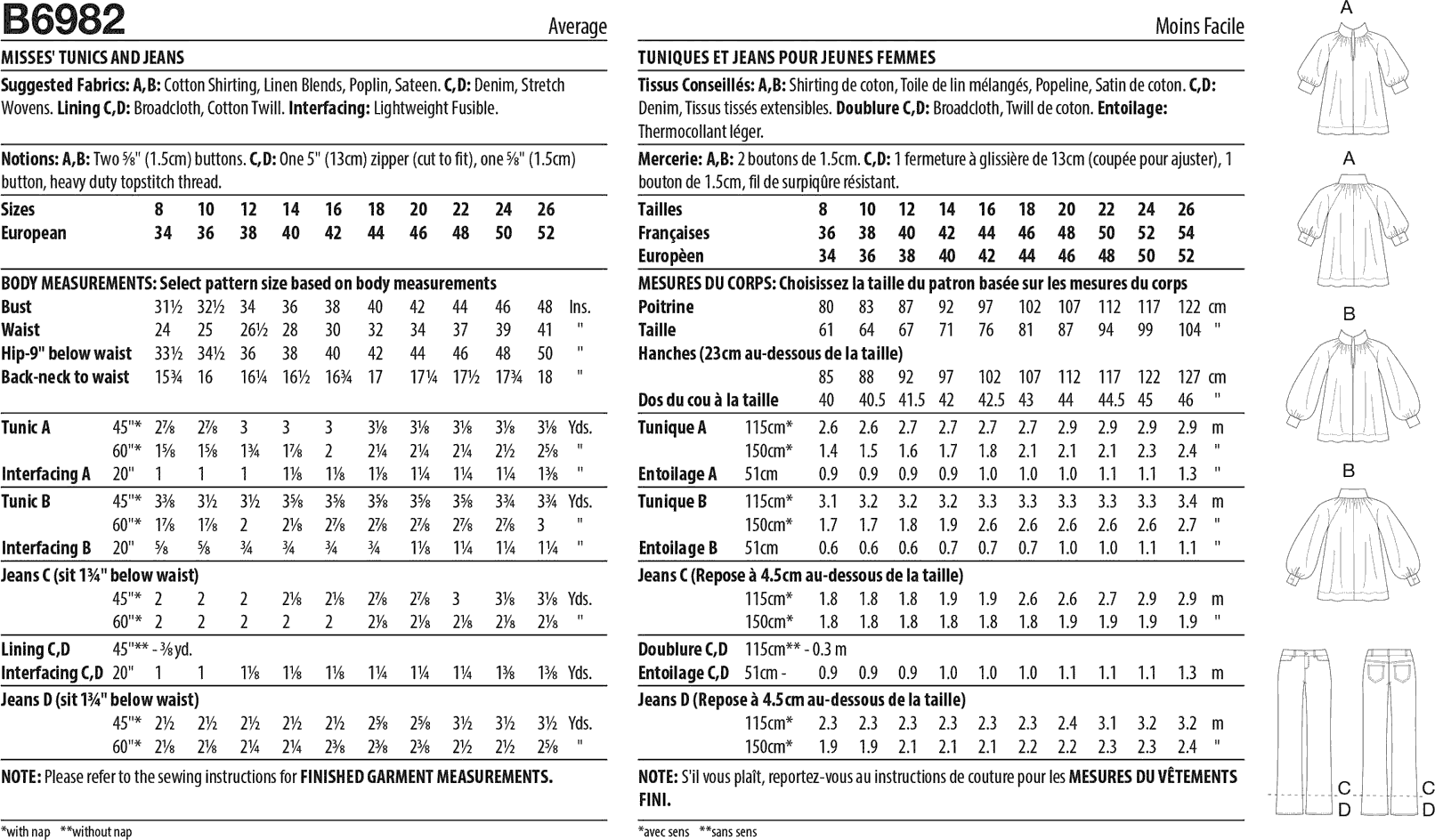 Butterick Pattern B6982 Misses Tunics and Jeans 6982 Fabric Quantity Requirements From Patternsandplains.com