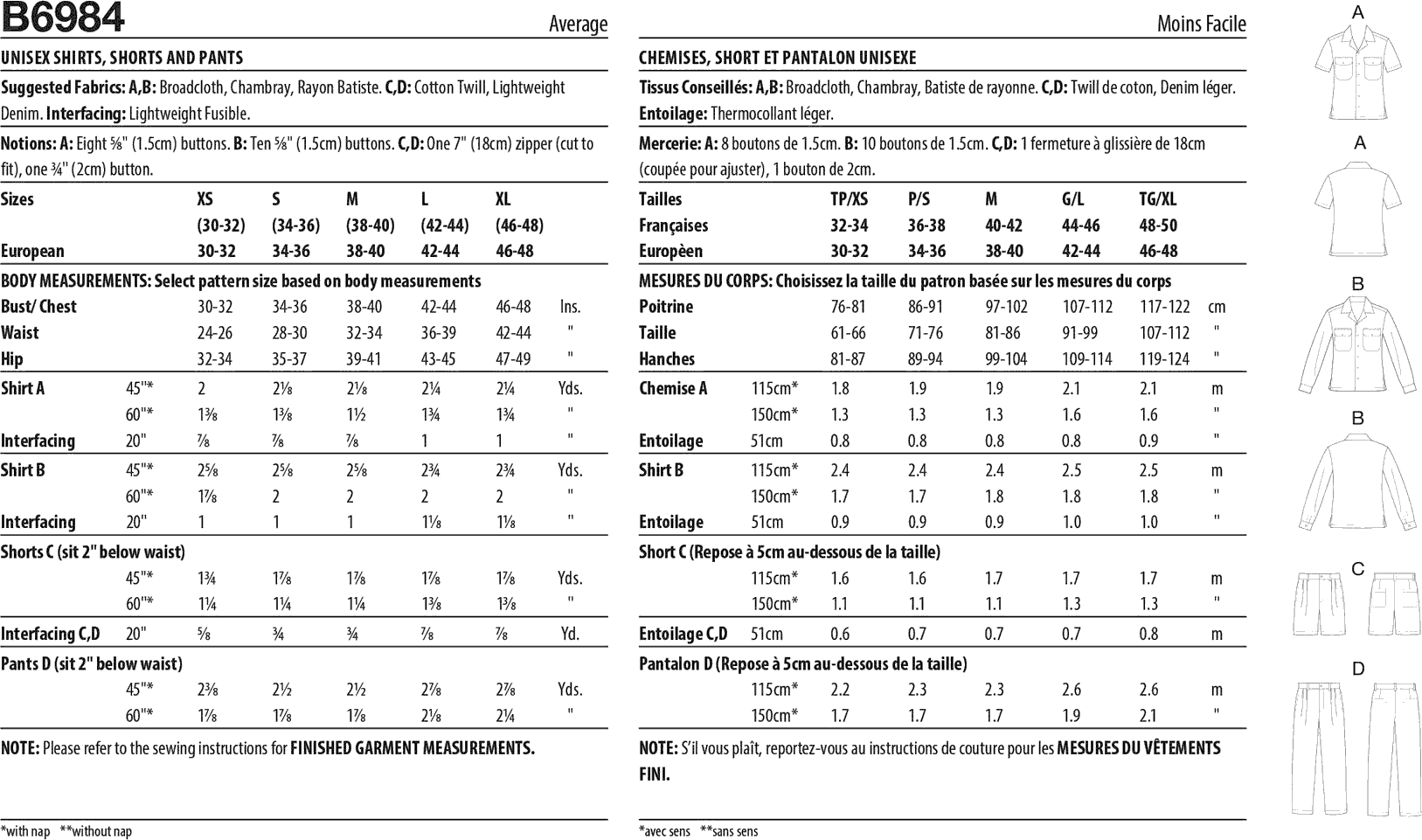 Butterick Pattern B6984 Unisex Shirts Shorts and Pants 6984 Fabric Quantity Requirements From Patternsandplains.com