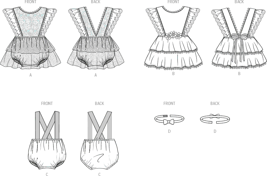 Butterick Pattern B7031 Babies Rompers and Bow Tie 7031 Line Art From Patternsandplains.com