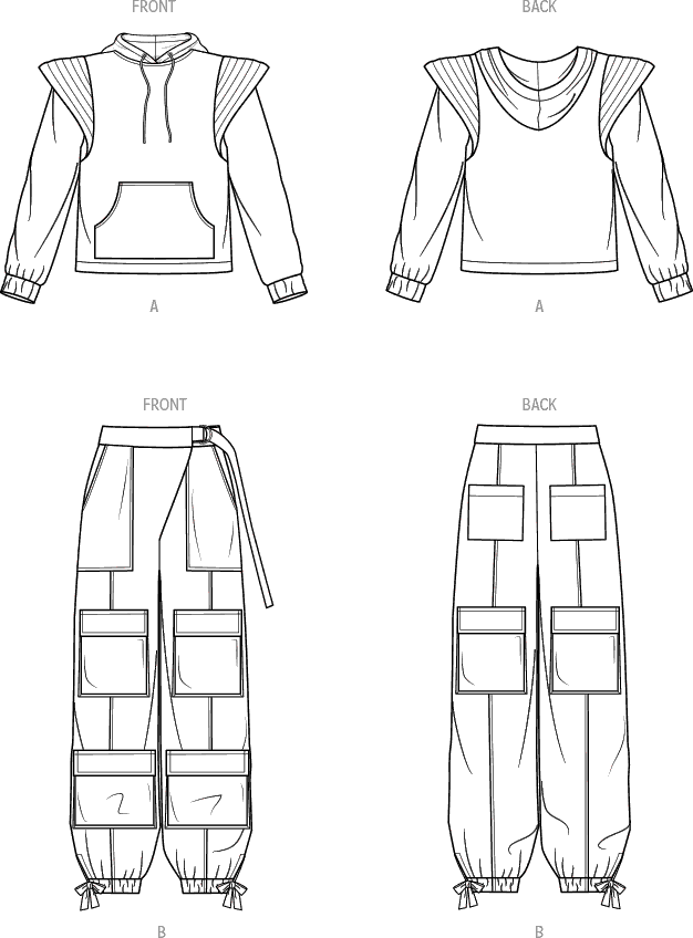 Know Me Pattern ME2054 Misses and Womens Sweatshirt and Cargo Pants by Keechii B Style 2054 Line Art From Patternsandplains.com