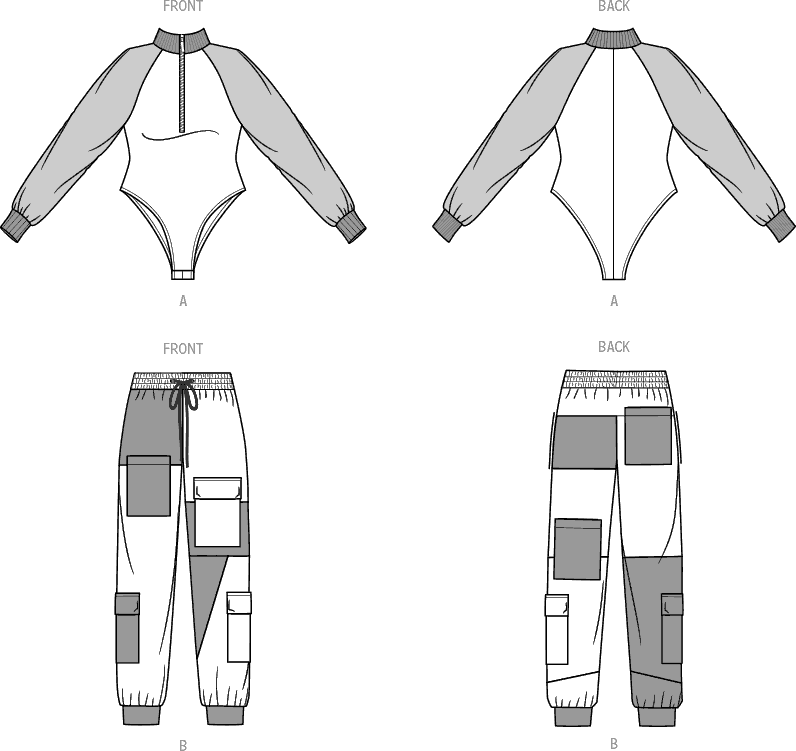 Know Me Pattern ME2055 Misses Bodysuit and Cargo Sweatpants by The Corny Rainbow 2055 Line Art From Patternsandplains.com