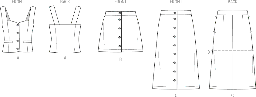 Know Me Pattern ME2107 Misses and Miss Petite Top and Skirt in Two Lengths by Raven Maureen 2107 Line Art From Patternsandplains.com