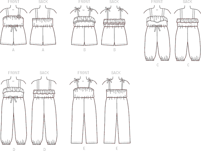 McCall's Pattern M7376 Childrens Girls Blouson Bodice Rompers and Jumpsuits 7376 Line Art From Patternsandplains.com