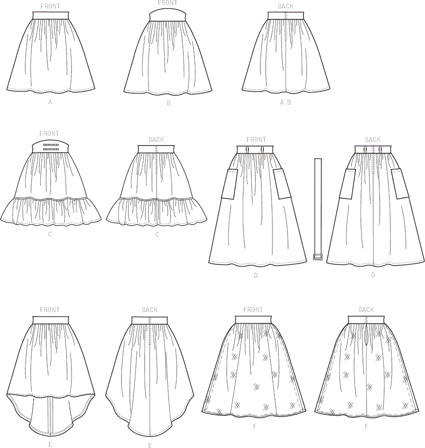 McCall's Pattern M7439 Misses Gathered and Flared Skirts with Belt 7439 Line Art From Patternsandplains.com