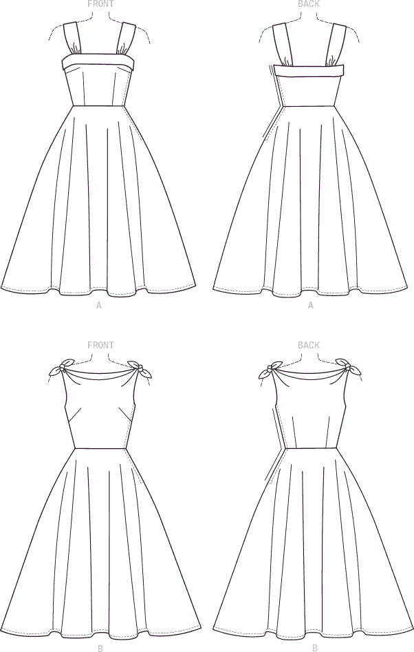 McCall's Pattern M7599 Misses Lined Flared Dresses with Petticoat 7599 Line Art From Patternsandplains.com