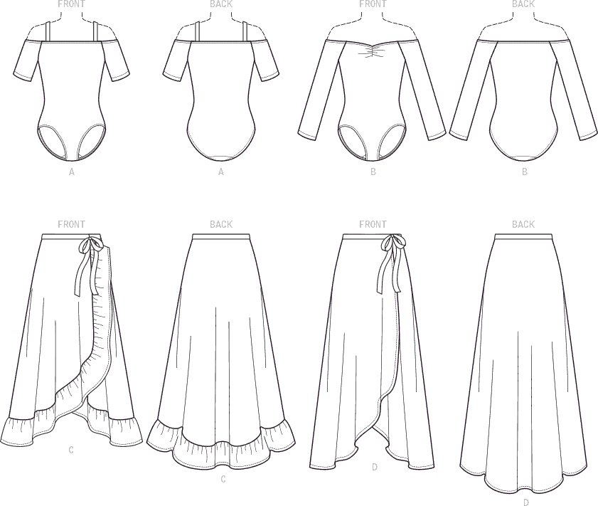 McCall's Pattern M7606 Misses Off the Shoulder Bodysuits and Wrap Skirts with Side Tie 7606 Line Art From Patternsandplains.com