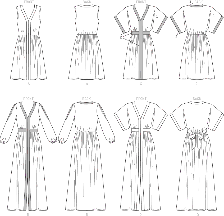 McCall's Pattern M7624 Misses Banded Gathered Dresses with Sleeve and Length Options 7624 Line Art From Patternsandplains.com