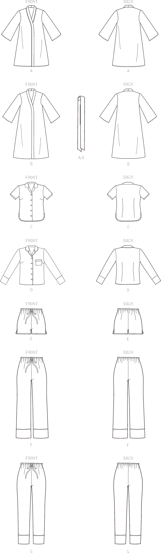 McCall's Pattern M8056 #IrisMcCalls Misses Robe Belt Tops Shorts and Pants 8056 Line Art From Patternsandplains.com