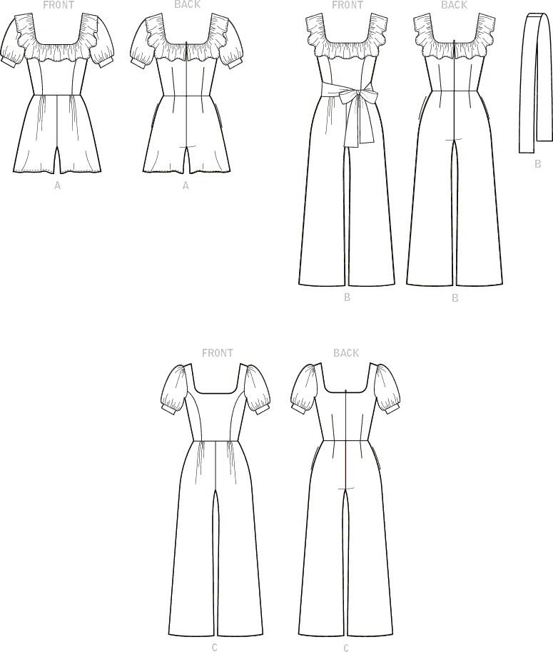 McCall's Pattern M8203 Misses Romper Jumpsuits and Sash 8203 Line Art From Patternsandplains.com