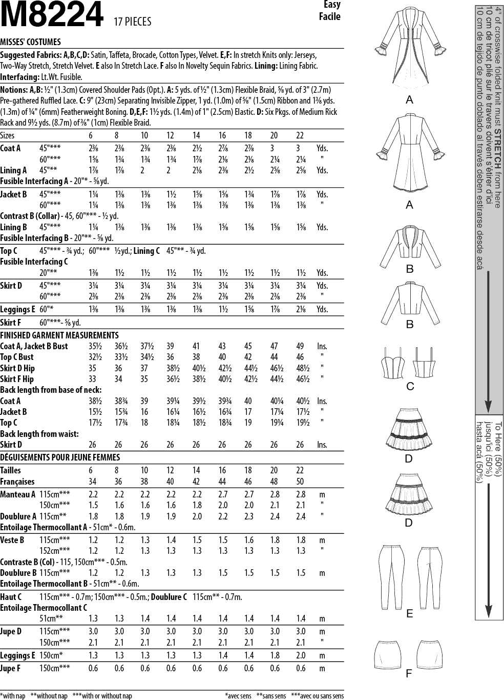 McCall's Pattern M8224 Misses Costumes 8224 Fabric Quantity Requirements From Patternsandplains.com