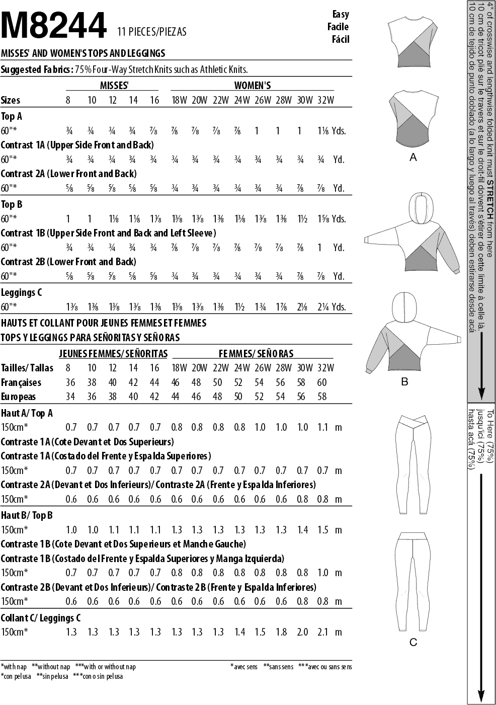 McCall's Pattern M8244 Misses and Womens Tops and Leggings 8244 Fabric Quantity Requirements From Patternsandplains.com
