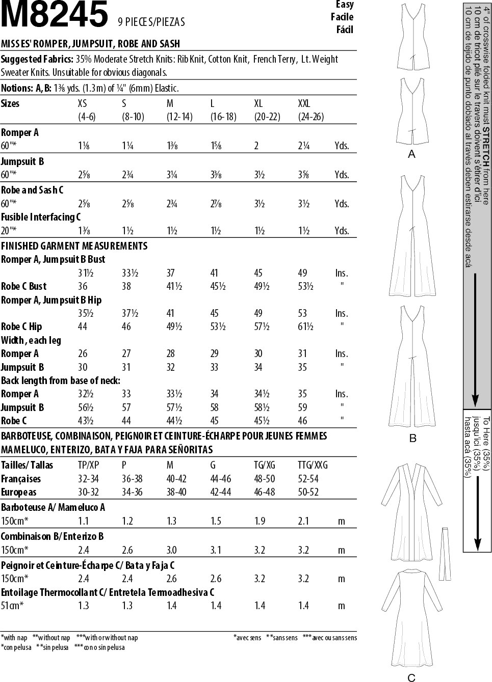 McCall's Pattern M8245 Misses Romper Jumpsuit Robe and Sash 8245 Fabric Quantity Requirements From Patternsandplains.com