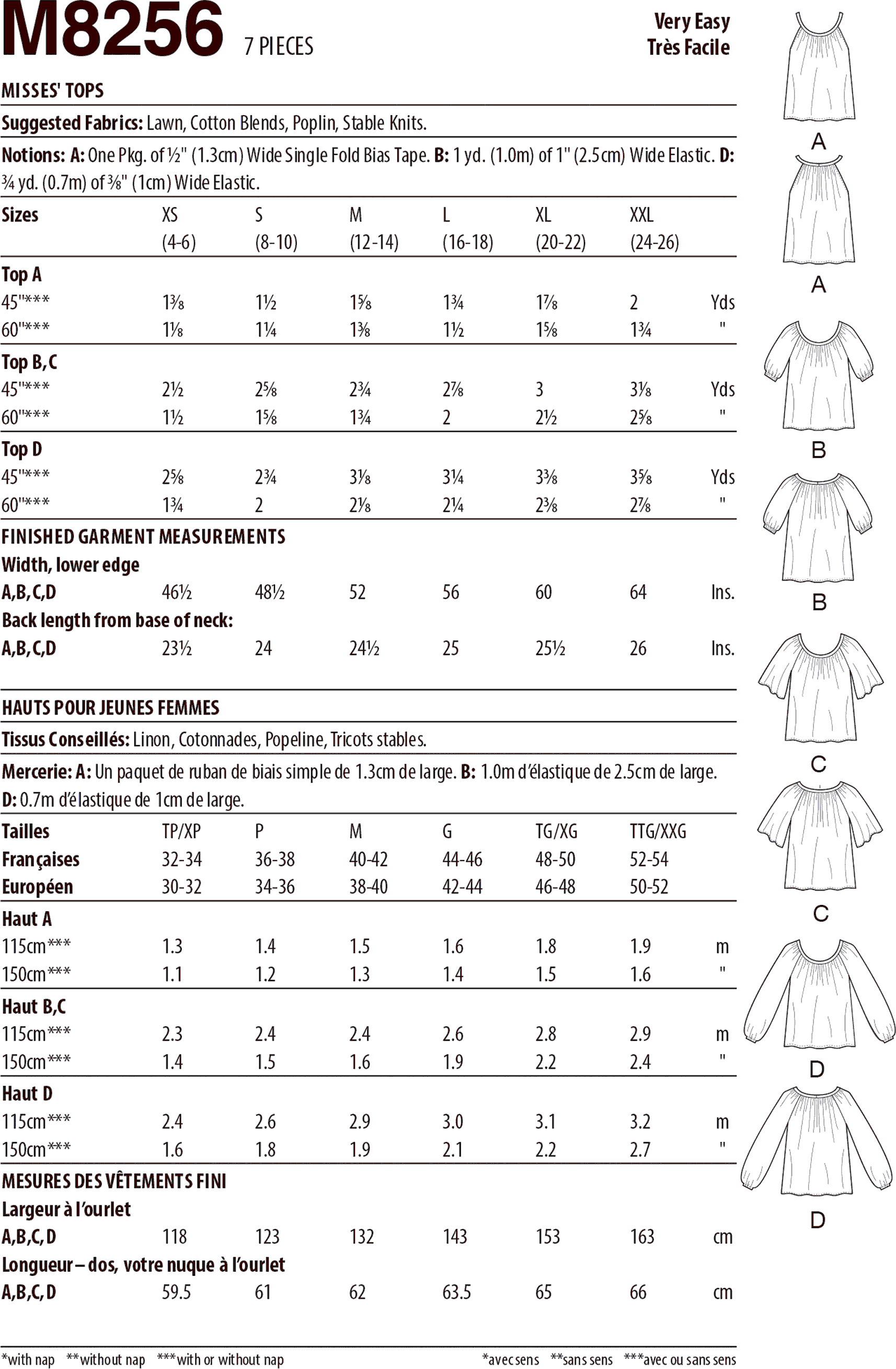 McCall's Pattern M8256 Misses Tops 8256 Fabric Quantity Requirements From Patternsandplains.com