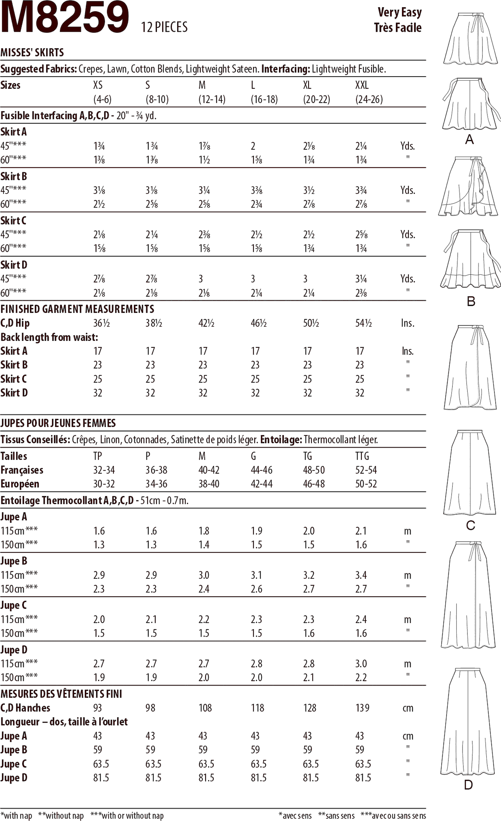 McCall's Pattern M8259 Misses Skirts 8259 Fabric Quantity Requirements From Patternsandplains.com