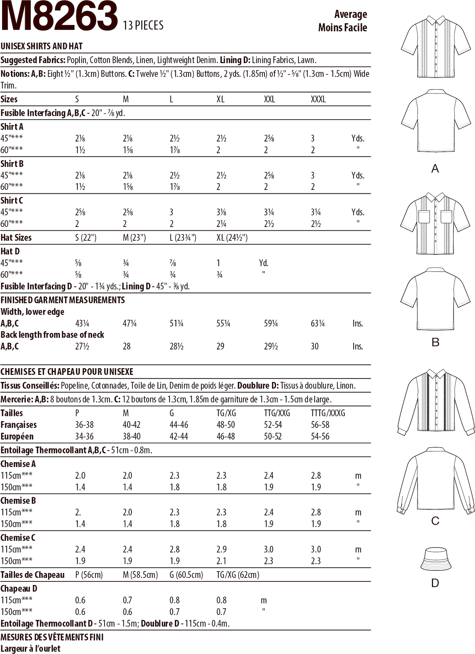 McCall's Pattern M8263 Unisex Shirts and Hat 8263 Fabric Quantity Requirements From Patternsandplains.com