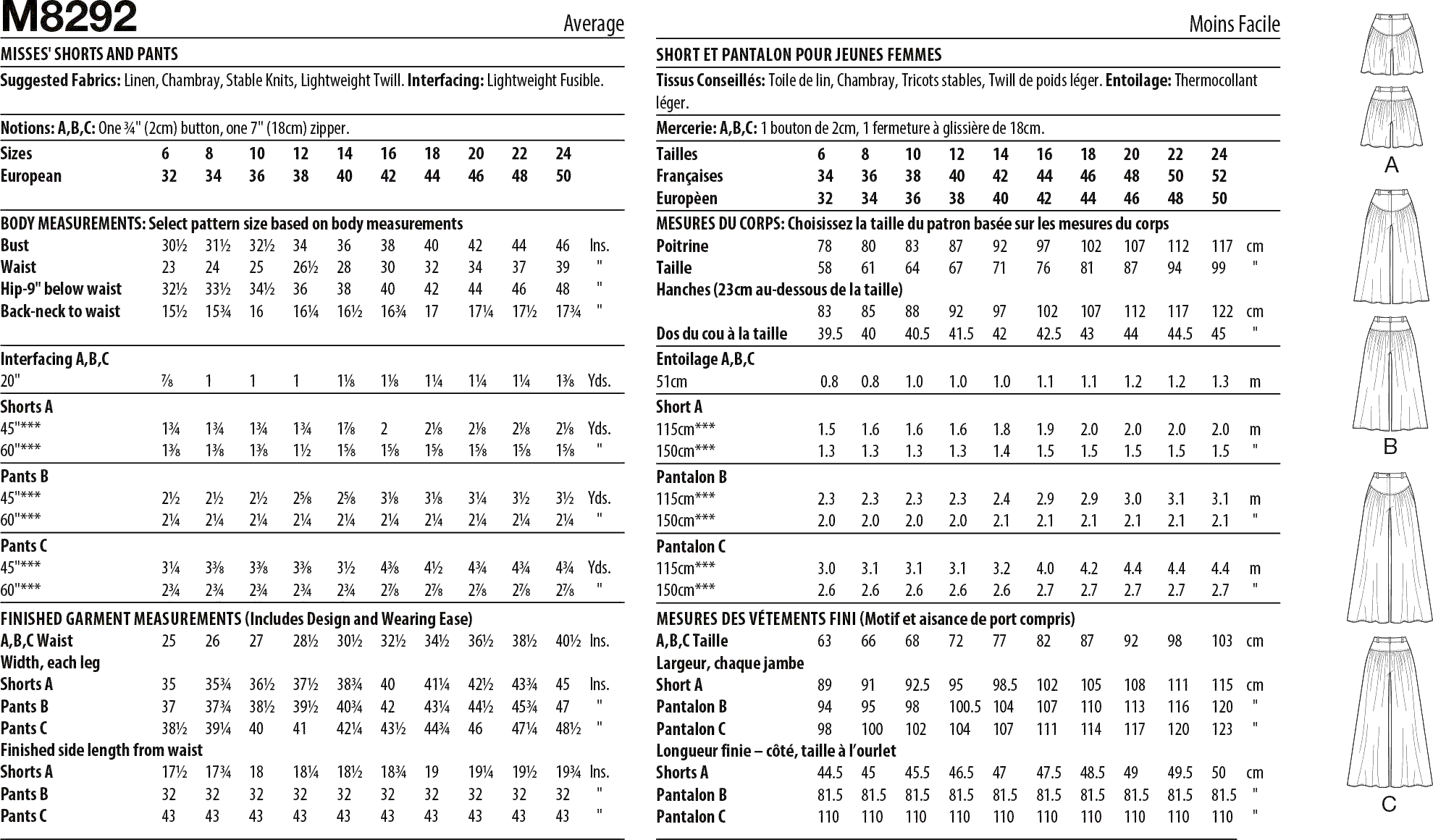 McCall's Pattern M8292 Misses Shorts and Pants 8292 Fabric Quantity Requirements From Patternsandplains.com