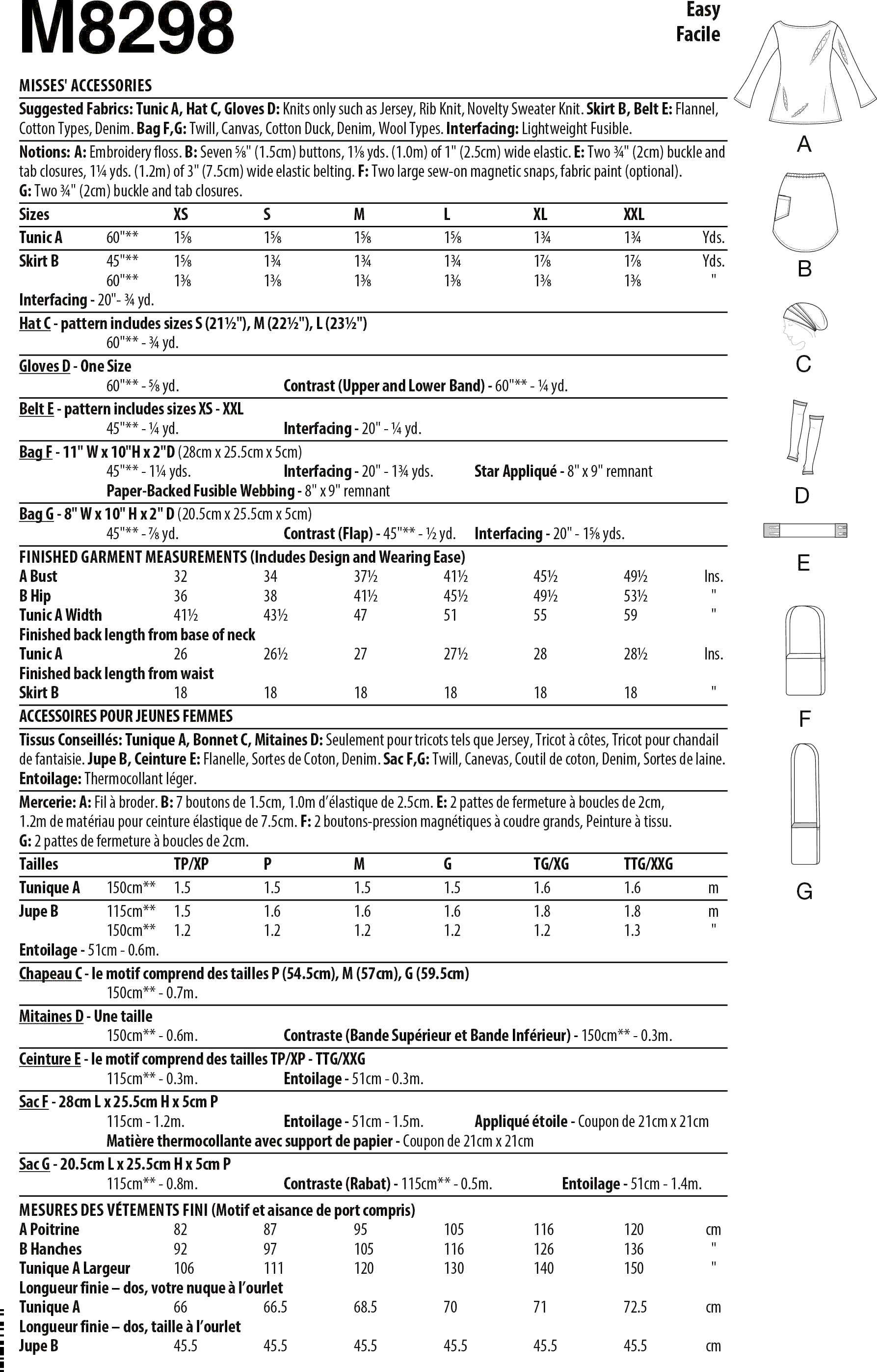 McCall's Pattern M8298 Misses Accessories 8298 Fabric Quantity Requirements From Patternsandplains.com