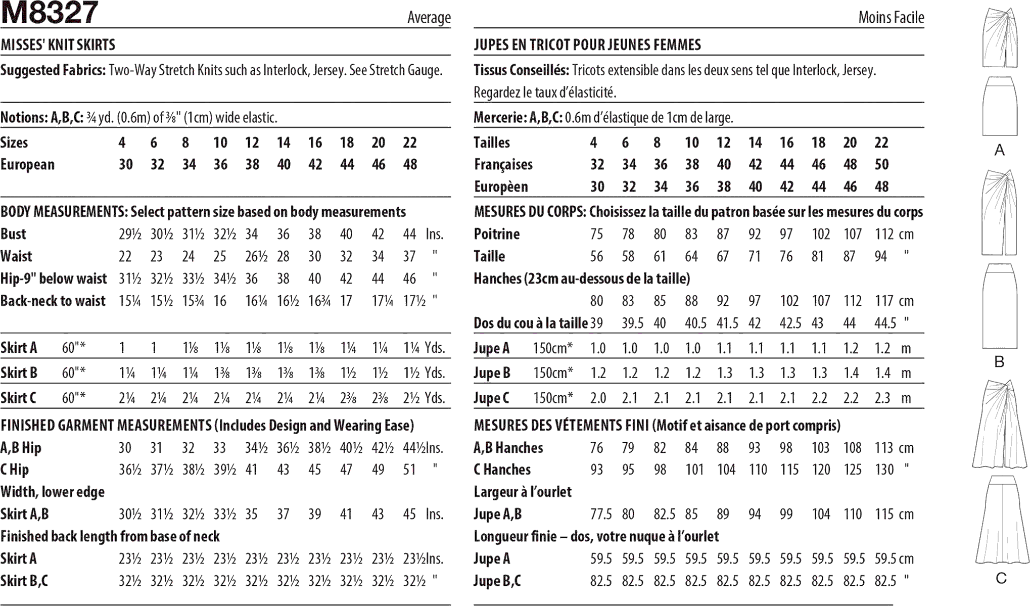 McCall's Pattern M8327 Misses Knit Skirts 8327 Fabric Quantity Requirements From Patternsandplains.com