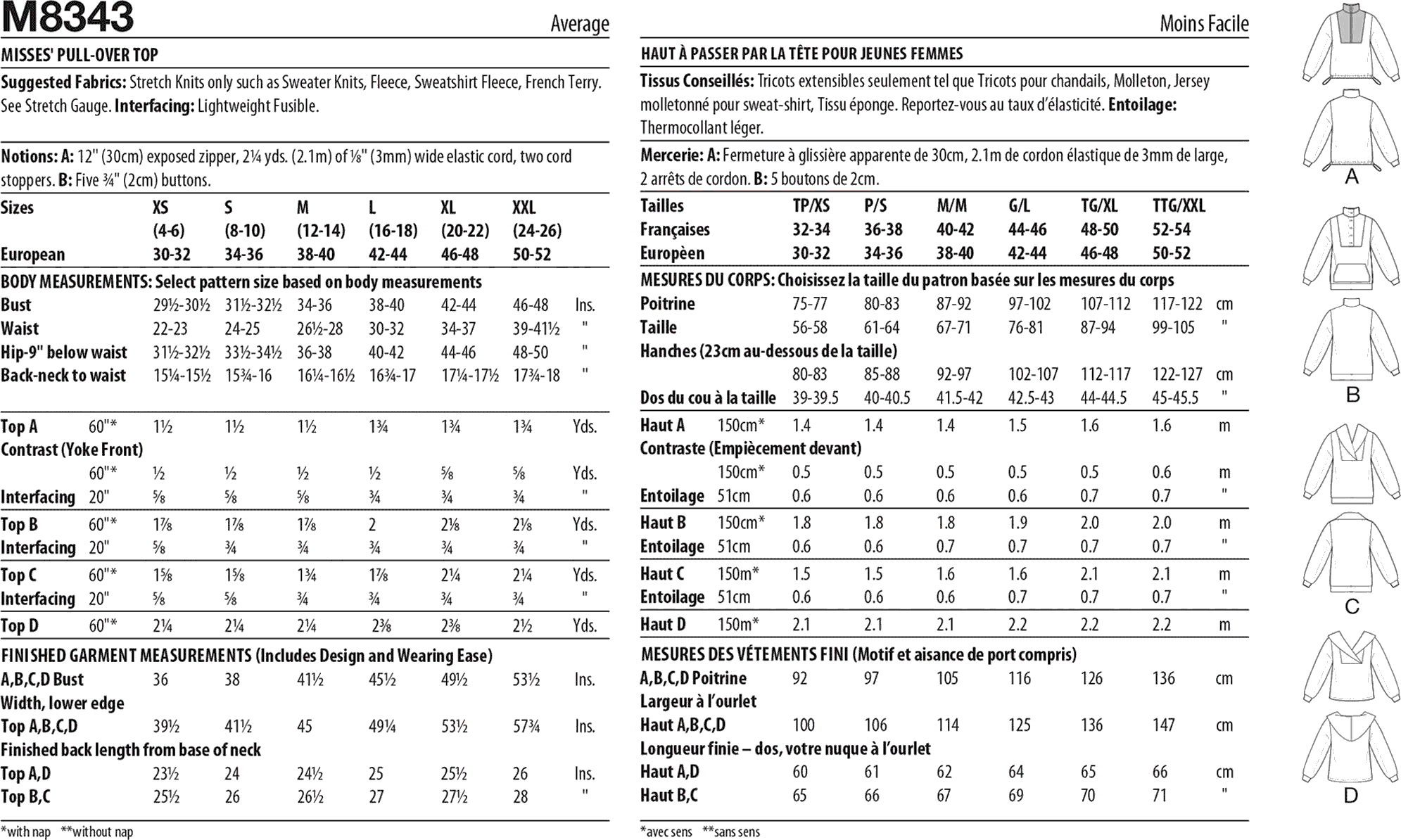 McCall's Pattern M8343 Misses Pull Over Top 8343 Fabric Quantity Requirements From Patternsandplains.com