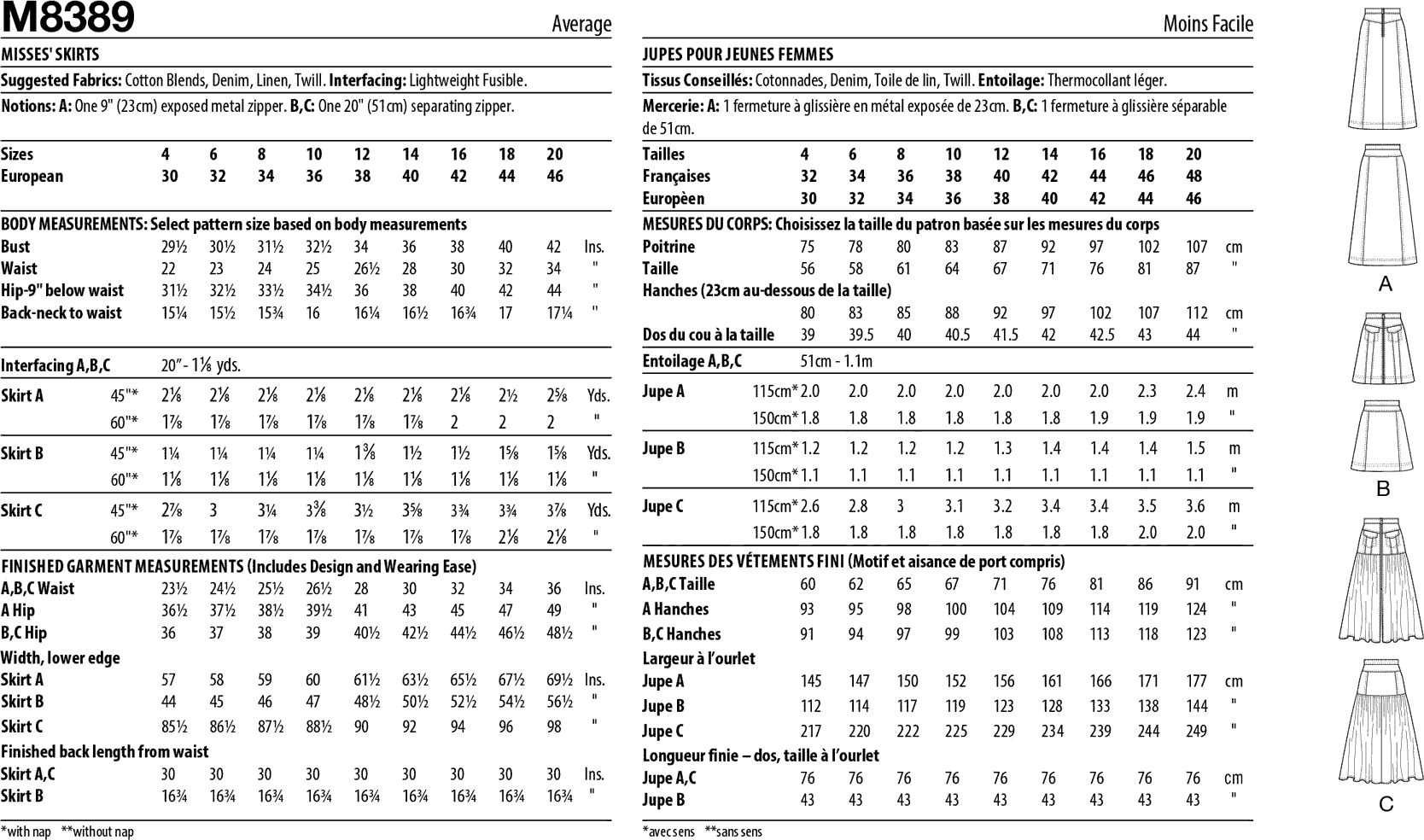 McCall's Pattern M8389 Misses Skirts 8389 Fabric Quantity Requirements From Patternsandplains.com