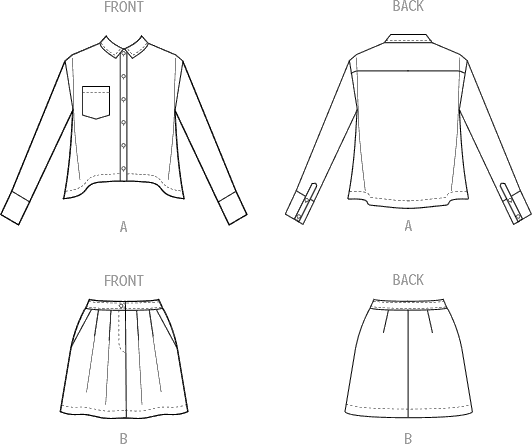 McCall's Pattern M8410 Misses Shirt and Mini Skirt by Brandi Joan 8410 Line Art From Patternsandplains.com