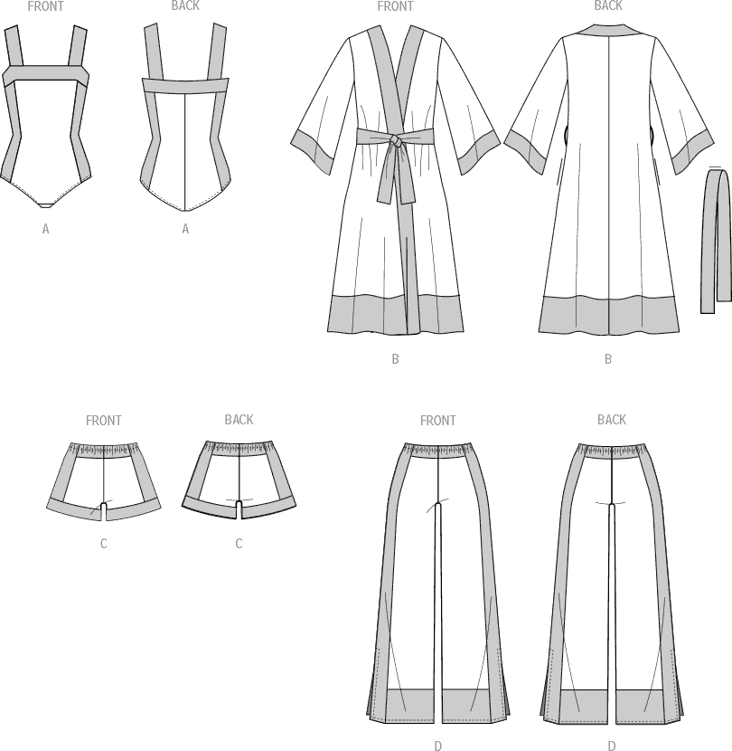 McCall's Pattern M8411 Misses Bodysuit Robe Shorts and Pants 8411 Line Art From Patternsandplains.com