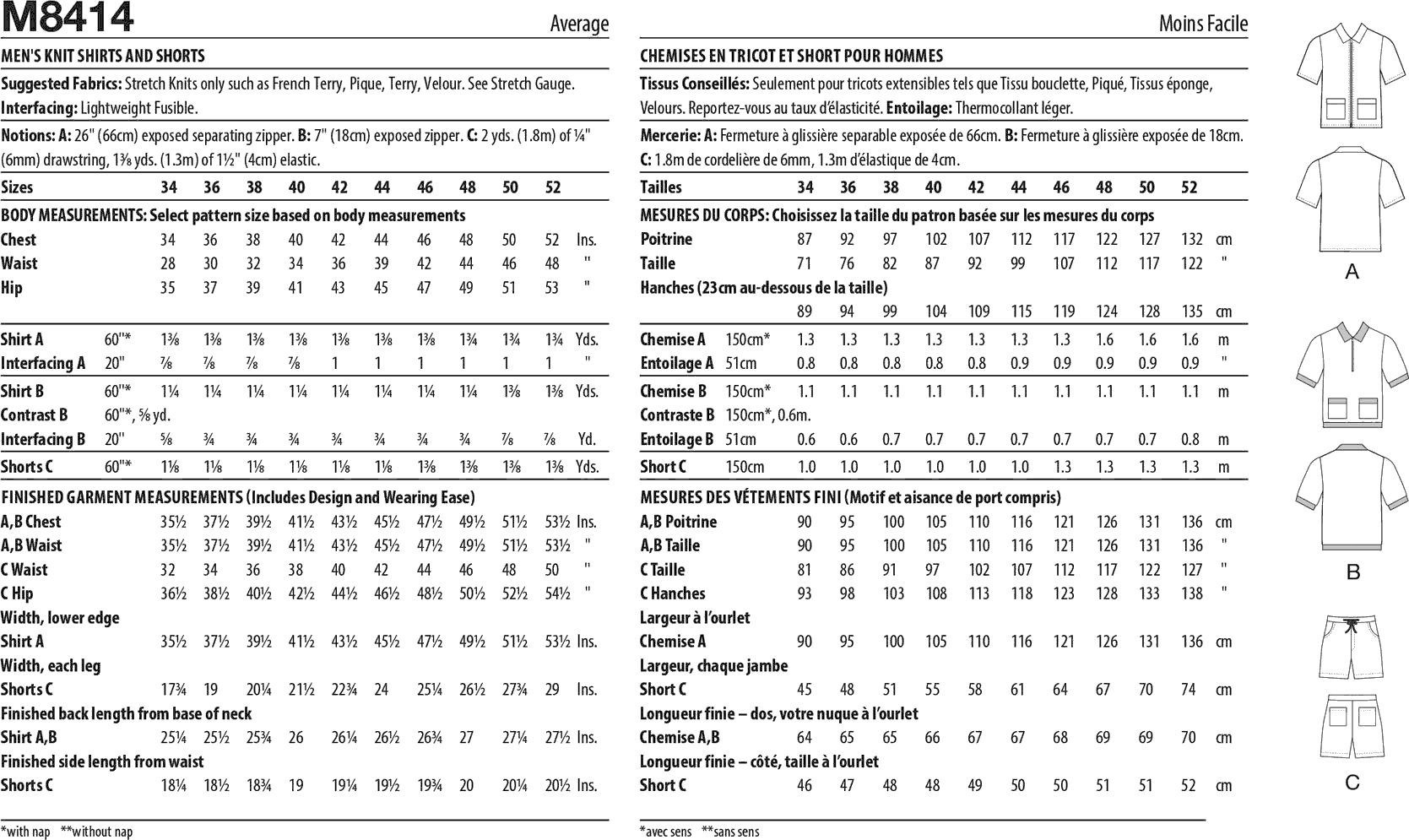 McCall's Pattern M8414 Mens Knit Shirts and Shorts 8414 Fabric Quantity Requirements From Patternsandplains.com
