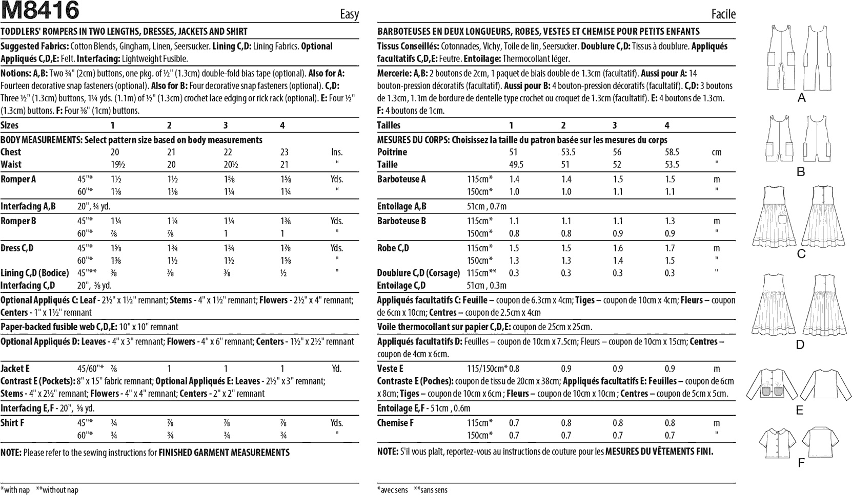 McCall's Pattern M8416 Toddlers Romper in Two Lengths Dresses Jacket and Shirt by Laura Ashley 8416 Fabric Quantity Requirements From Patternsandplains.com
