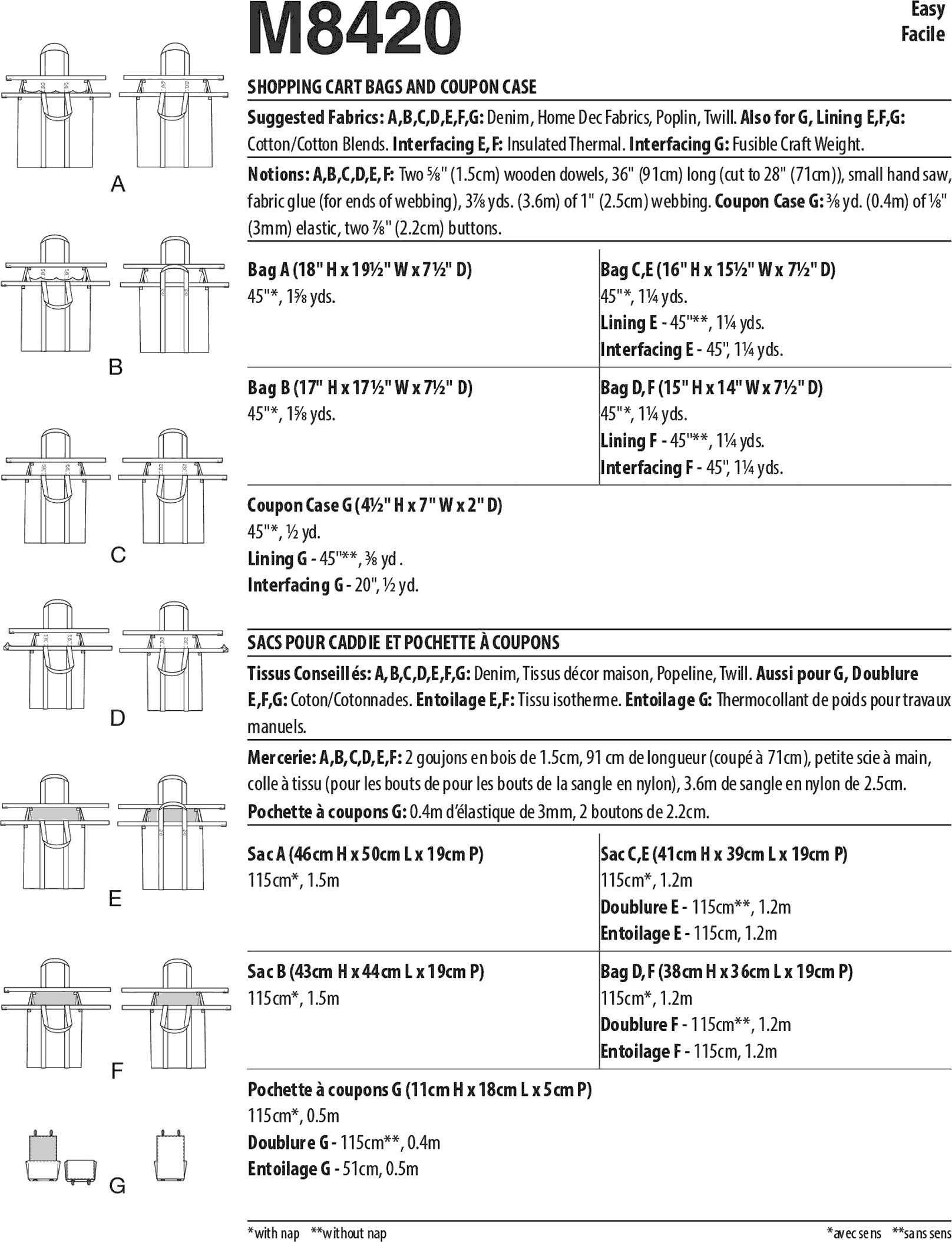 McCall's Pattern M8420 Shopping Cart Bags and Coupon Case 8420 Fabric Quantity Requirements From Patternsandplains.com