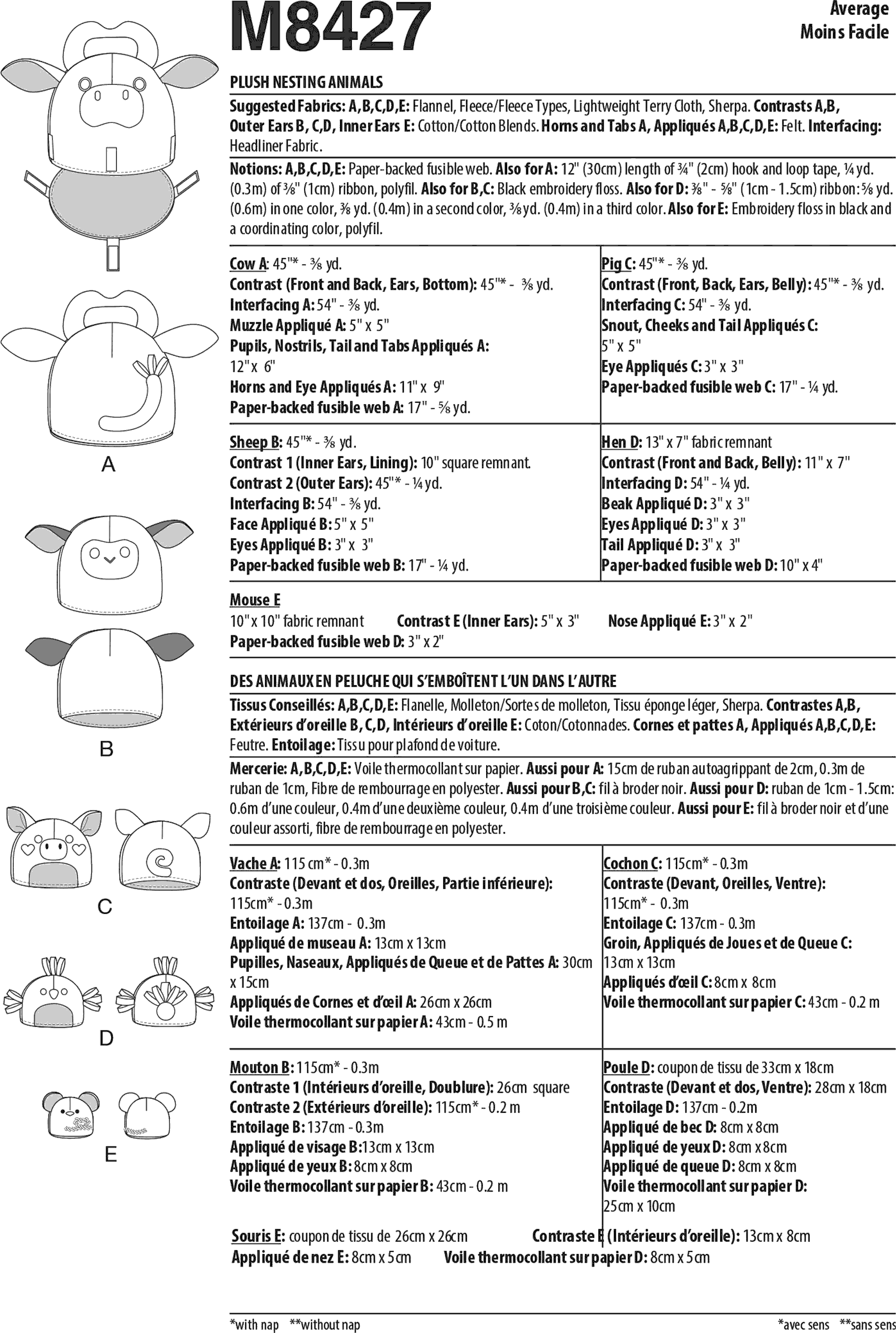 McCall's Pattern M8427 Plush Nesting Animals 8427 Fabric Quantity Requirements From Patternsandplains.com