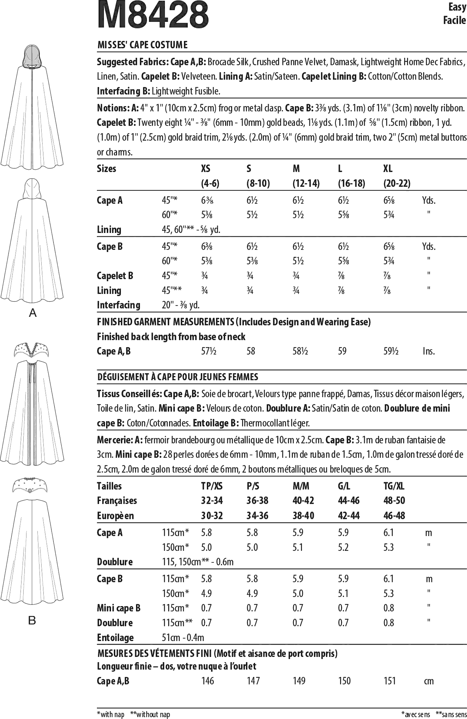 McCall's Pattern M8428 Misses Cape Costume 8428 Fabric Quantity Requirements From Patternsandplains.com