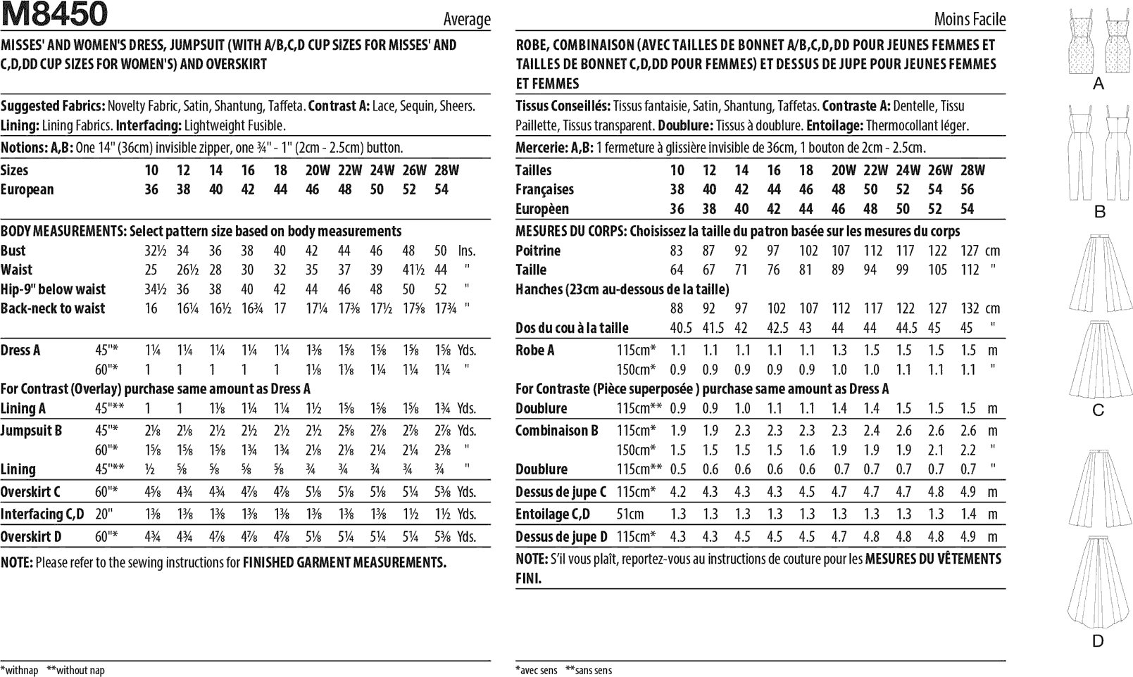 McCall's Pattern M8450 Misses and Womens Dress Jumpsuit and Overskirt 8450 Fabric Quantity Requirements From Patternsandplains.com