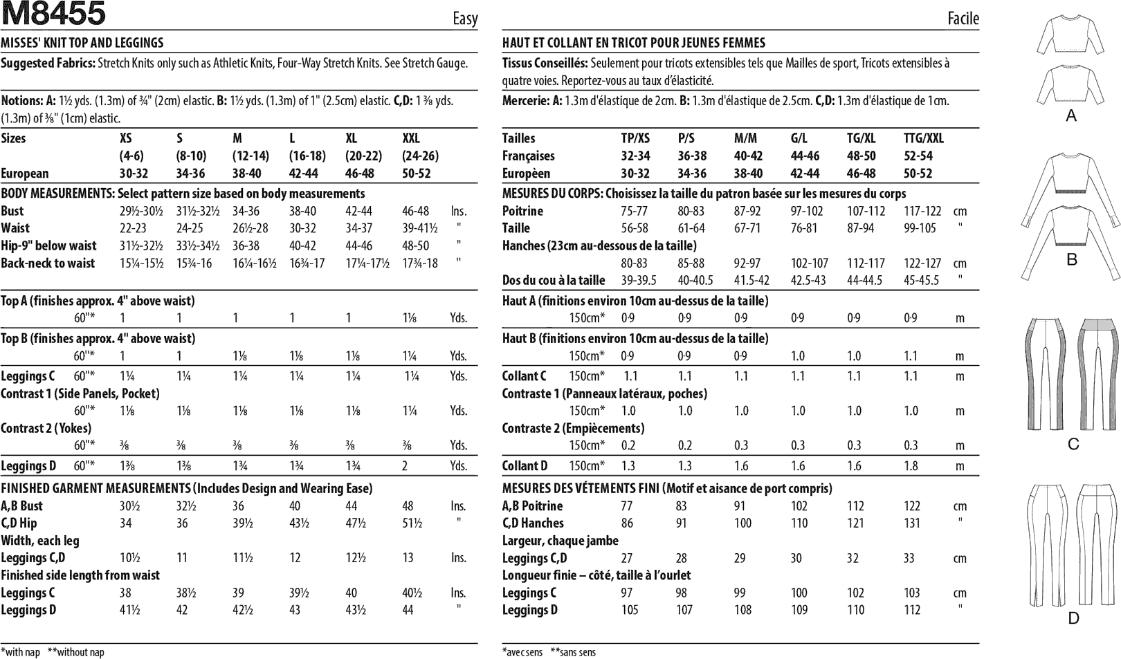 McCall's Pattern M8455 Misses Knit Top and Leggings 8455 Fabric Quantity Requirements From Patternsandplains.com