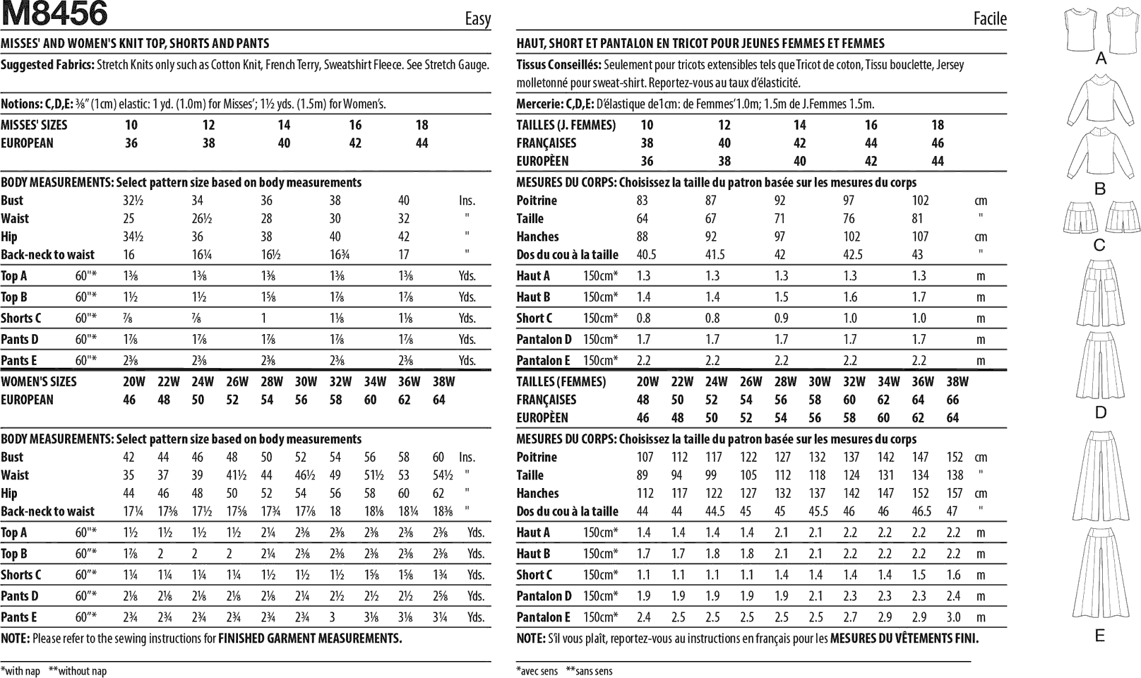 McCall's Pattern M8456 Misses and Womens Knit Top Shorts and Pants 8456 Fabric Quantity Requirements From Patternsandplains.com