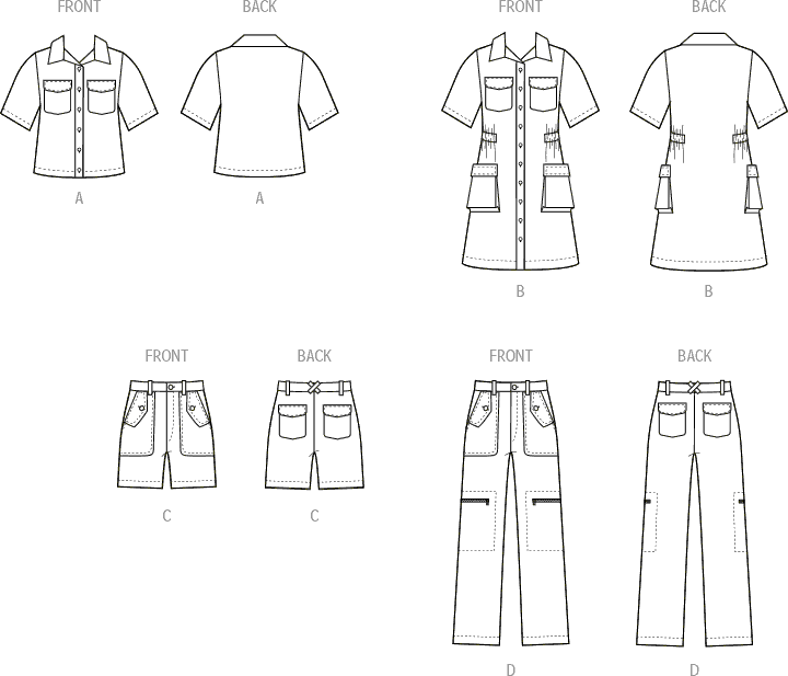 McCall's Pattern M8462 Girls and Boys Shirt Pants Shorts and Girls Dress 8462 Line Art From Patternsandplains.com