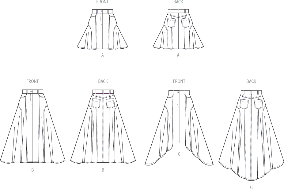 McCall's Pattern M8480 Misses Skirt in Three Lengths 8480 Line Art From Patternsandplains.com