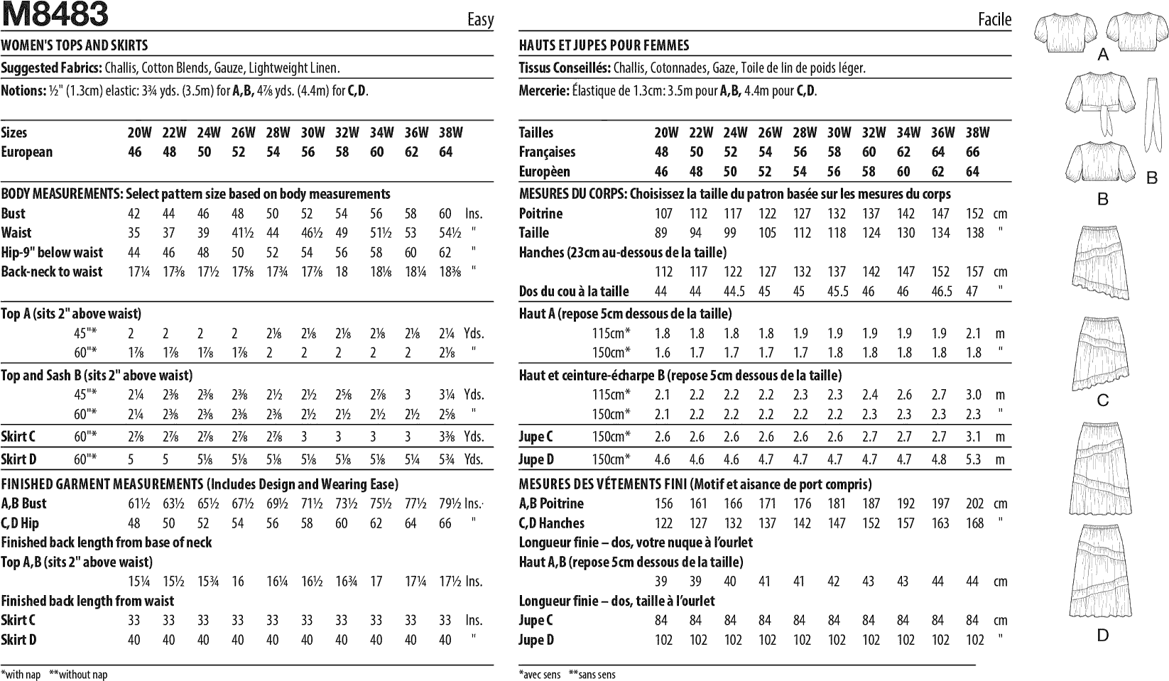 McCall's Pattern M8483 Womens Tops and Skirts 8483 Fabric Quantity Requirements From Patternsandplains.com