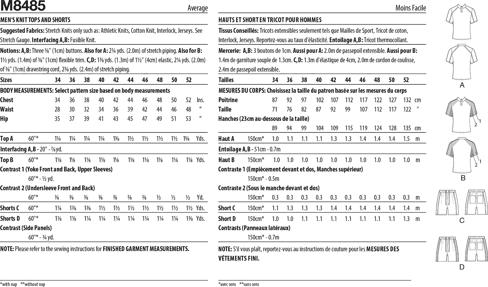 McCall's Pattern M8485 Mens Knit Tops and Shorts 8485 Fabric Quantity Requirements From Patternsandplains.com